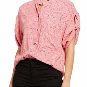 Equipment Pink Polka Dot Short Sleeve Button Up Top size XXS